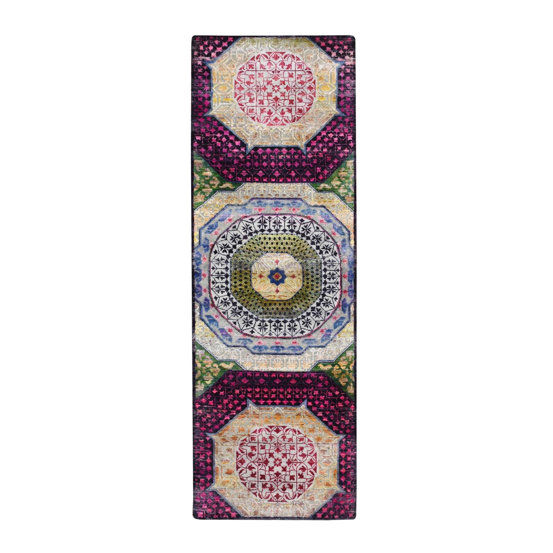 Crimson Red with Yellow, Sari Silk with Textured Wool, Colorful Mamluk Design, Hand Knotted, Runner, Oriental Rug